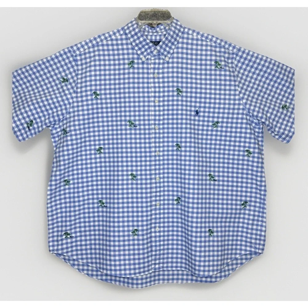 Polo Ralph Lauren Shirt Mens 2XB 2TG Blue GINGHAM Palm Tree Embroidered Oxford